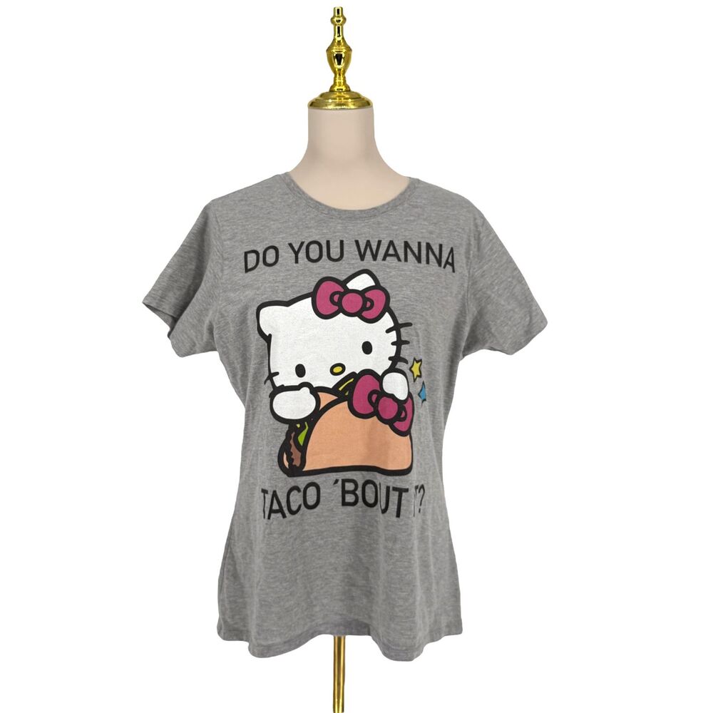 Hello Kitty Graphic Shirt XL Gray Taco Bout It Tee Sanrio Funny Cute Casual EUC - Picture 2 of 10